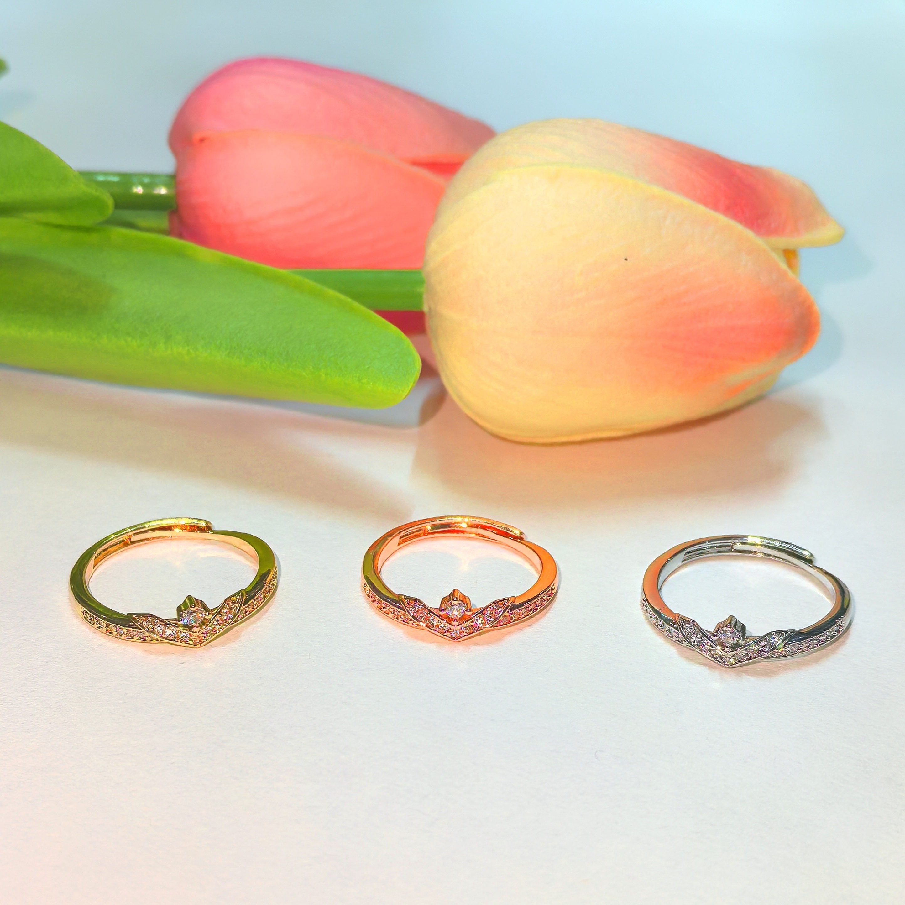Adjustable CZ Classic Ring Rose/Silver Color